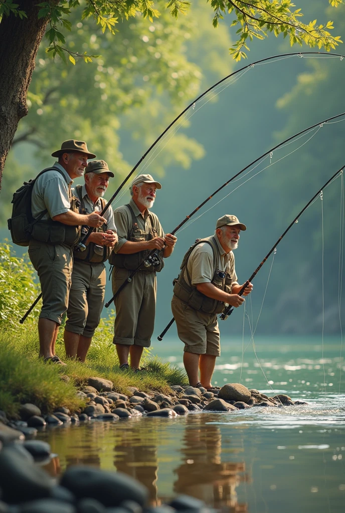 four middle-aged Man, on the riverbank fishing and laughing at one of his friends trying to get a heavy fish out of the water