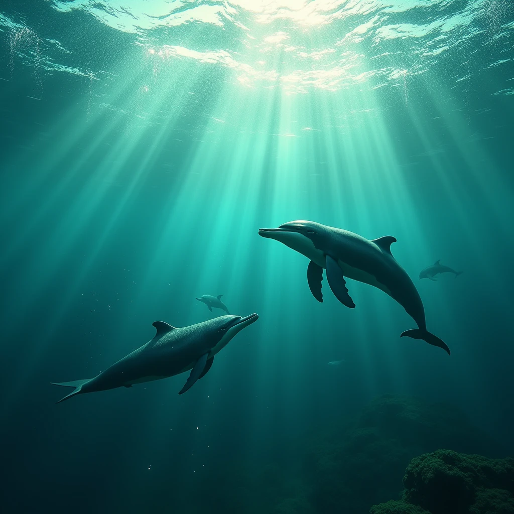 World under the sea、High resolution, masterpiece, 最高quality, detail, 高いdetail, quality, Very detailed, Healing、Whales、Dolphin、Sparkling sea foam、Emerald green、Dutch Angle, Sony FE, Ultra Wide Angle, Sparkle Effect, Lens flare, Digital Art, Soft Light, 