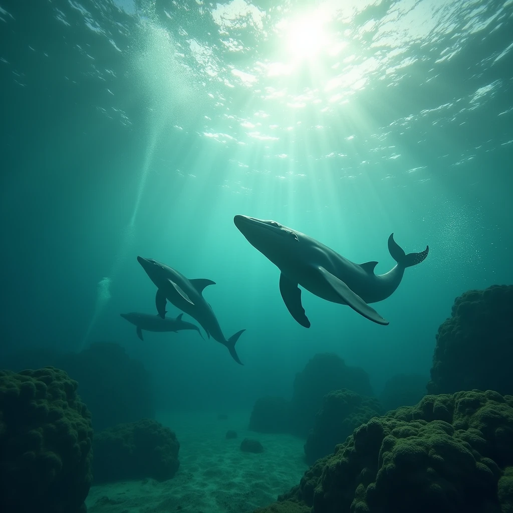 World under the sea、High resolution, masterpiece, 最高quality, detail, 高いdetail, quality, Very detailed, Healing、Whales、Dolphin、Sparkling sea foam、Emerald green、Dutch Angle, Sony FE, Ultra Wide Angle, Sparkle Effect, Lens flare, Digital Art, Soft Light,