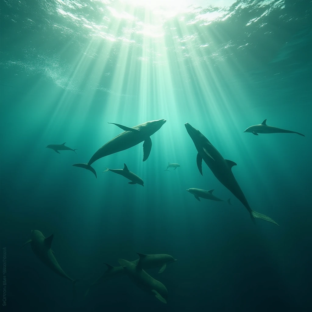 World under the sea、High resolution, masterpiece, 最高quality, detail, 高いdetail, quality, Very detailed, Healing、Whales、Dolphin、Sparkling sea foam、Emerald green、Dutch Angle, Sony FE, Ultra Wide Angle, Sparkle Effect, Lens flare, Digital Art, Soft Light,