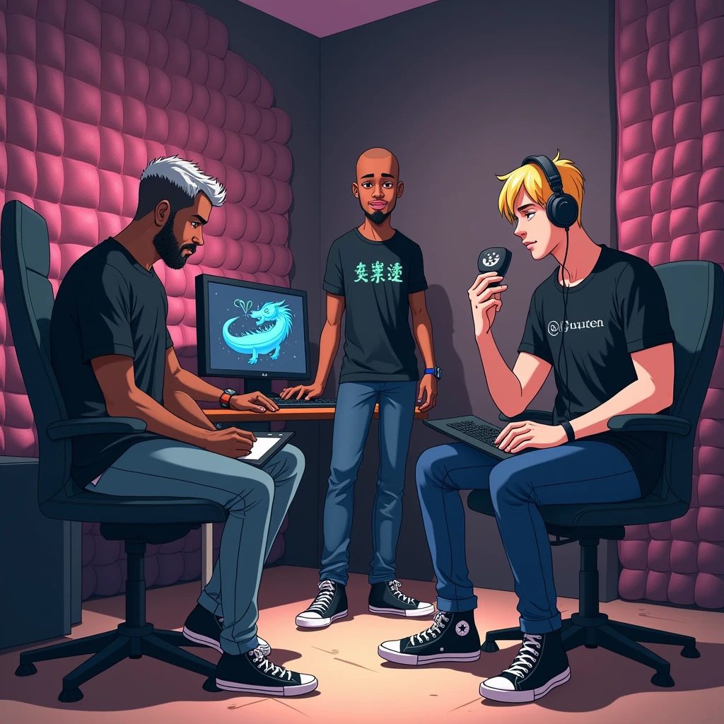 An anime-style image of 3 friends inside a studio with foam-lined walls for acoustic insulation., the first of them is a graphic designer,A 35-year-old man, Scrawny, with young traits, hair grey,with black colored glasses, thin beard and stubble. he has dark skin, wears a black shirt, skinny jeans and black high top sneakers, is sitting concentrated and drawing a blue dragon with a pen on a graphics tablet with a large screen. The second friend is a programmer, a Black man, of about 34 years, a little strong, bald and medium-sized beard, wears a black shirt with linux written on it, blue jeans and black All Star sneakers, He is sitting in another corner of the studio typing on a computer keyboard and looking at a computer monitor screen where the screen has a black background and several green characters.. The third friend is a white-skinned man, is a digital influencer, He's about 3, he is tall and not very fat, tem a thin beard and stubble e cabelo liso de cor loira, wears a black shirt with a drawing of a caravel, black jeans and black all star sneakers, is in the middle of the studio standing wearing gaming headphones and testing a microphone.