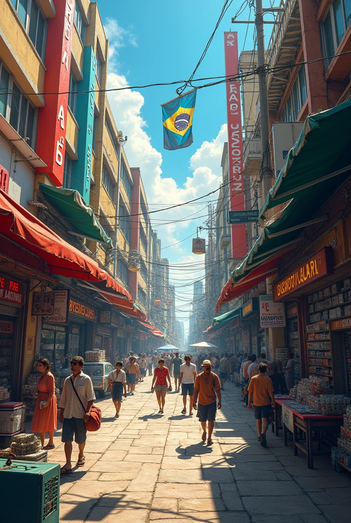((realisitic: 1.5)),((best qualityer)), ((Masterpiece artwork)),((detailded)), many commercial stores, buildings , chaos, electronic products and lots of people buying, corridors Vehicles, and above large flags of Paraguay, Brazil and Argentina