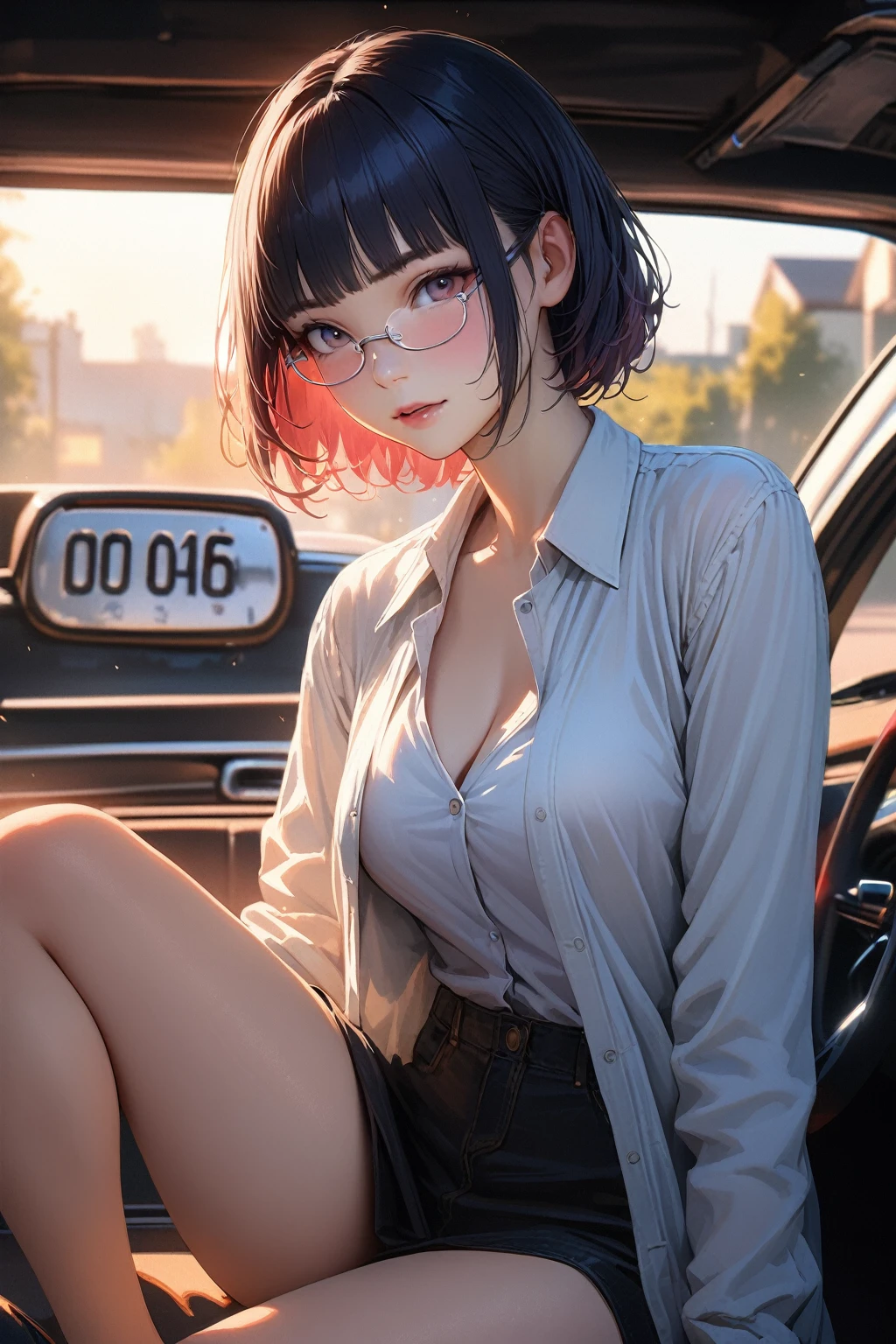 (​masterpiece),(top-quality:1.2),1girl in,(masuter piece:1.3),exquisitedetails, Highest quality 8K resolution, Ultra-detailed, Realistic, Vibrant colors, Soft tones, With warm and gentle lighting, (((silver semi-rimless eyewear:1.3))), short hair, blunt bangs, girl sitting on a car in the garage with license plate, collared open shirt, white tanktop, 