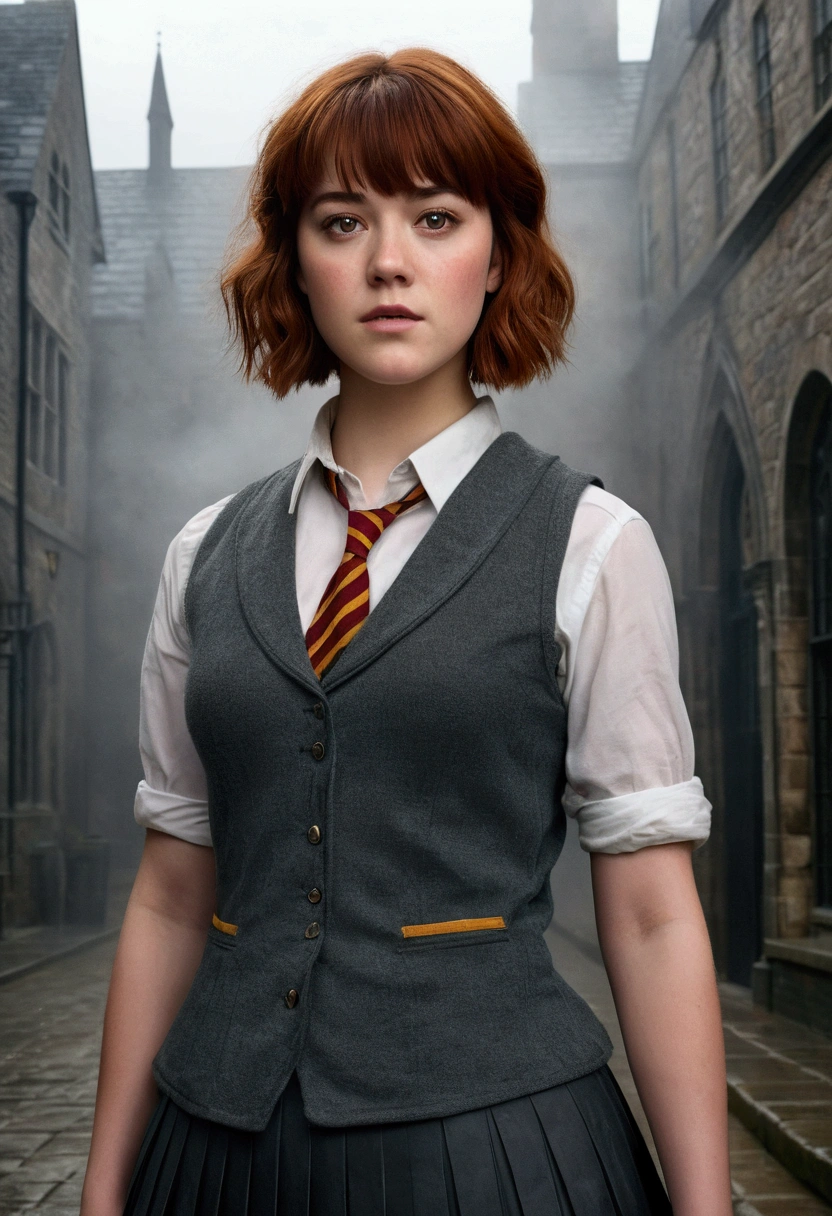 An illustrated movie poster, hand-drawn, full color, a teenage Hogwarts student, 18-years-old, female, wearing a charcoal vest and a pleated skirt, athletic hourglass figure, busty bosoms, full wide hips, massive round butt, long shapely legs, ridiculously thick powerful thighs, vibrant eyes, red auburn hair, thick shaggy bangs, flushed sun-kissed complexion, freckles, resembles Mary Elizabeth Winstead, standing in a foggy Hogwarts courtyard, surrounded by mist, graphite shading, stencil marks, airbrushed acrylic paint, masterpiece, close-up shot, in the style of the Deathly Hallows