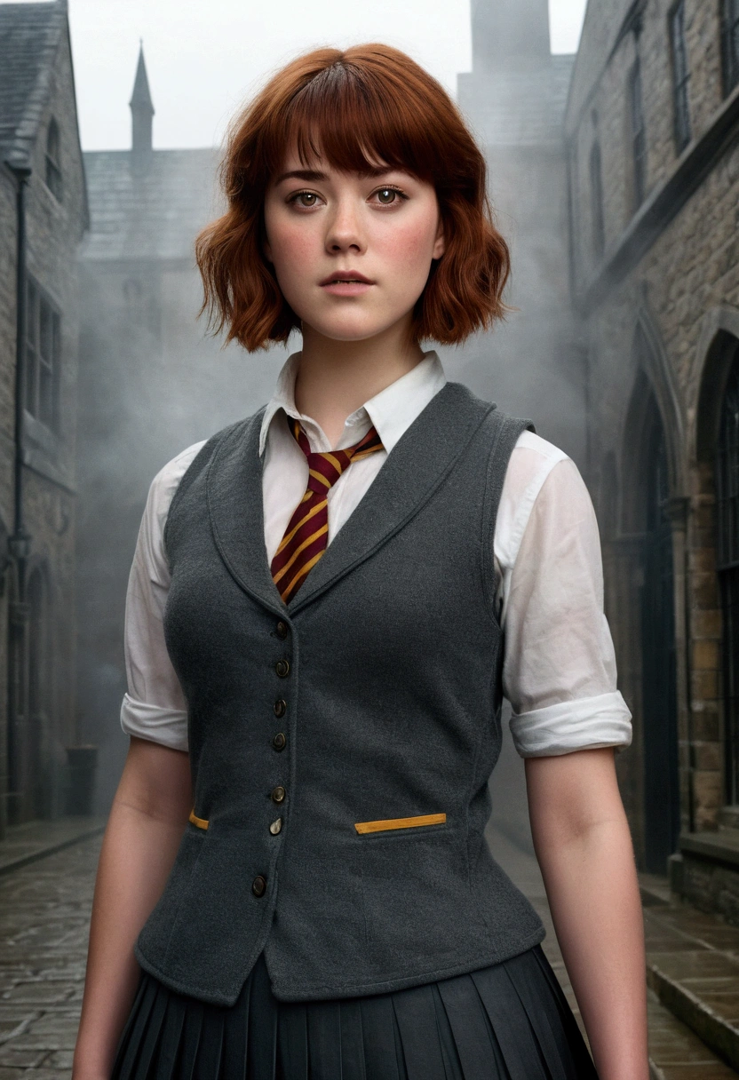 An illustrated movie poster, hand-drawn, full color, a teenage Hogwarts student, 18-years-old, female, wearing a charcoal vest and a pleated skirt, athletic hourglass figure, busty bosoms, full wide hips, massive round butt, long shapely legs, ridiculously thick powerful thighs, vibrant eyes, red auburn hair, thick shaggy bangs, flushed sun-kissed complexion, freckles, resembles Mary Elizabeth Winstead, standing in a foggy Hogwarts courtyard, surrounded by mist, graphite shading, stencil marks, airbrushed acrylic paint, masterpiece, close-up shot, in the style of the Deathly Hallows