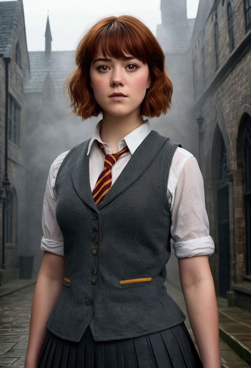 An illustrated movie poster, hand-drawn, full color, a teenage Hogwarts student, 18-years-old, female, wearing a charcoal vest and a pleated skirt, athletic hourglass figure, busty bosoms, full wide hips, massive round butt, long shapely legs, ridiculously thick powerful thighs, vibrant eyes, red auburn hair, thick shaggy bangs, flushed sun-kissed complexion, freckles, resembles Mary Elizabeth Winstead, standing in a foggy Hogwarts courtyard, surrounded by mist, graphite shading, stencil marks, airbrushed acrylic paint, masterpiece, close-up shot, in the style of the Deathly Hallows