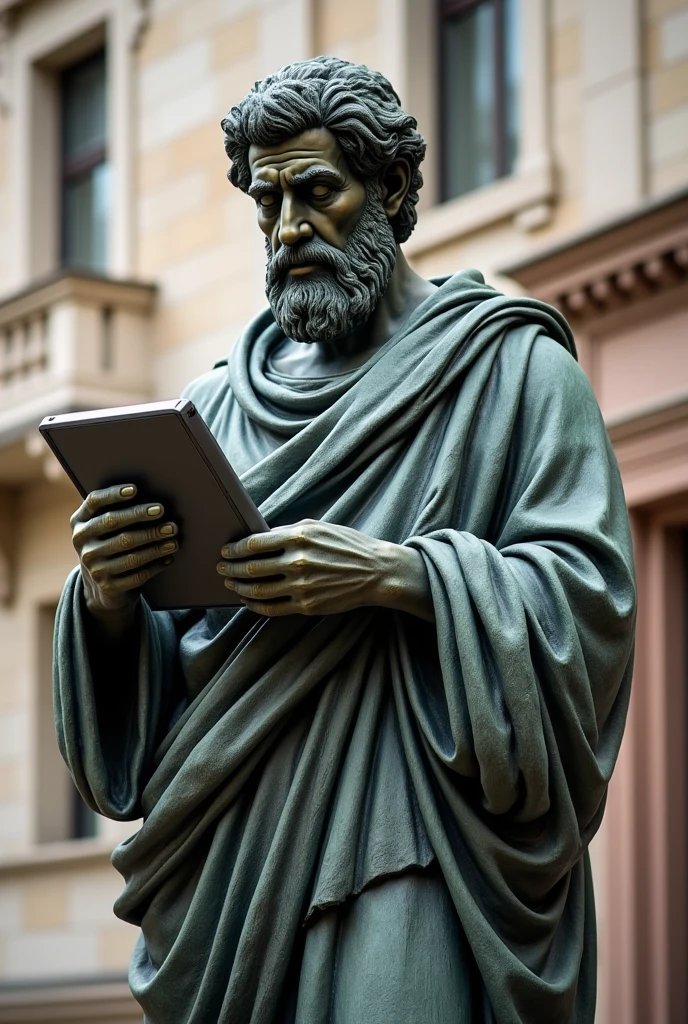 STATUE OF ARISTOTLE THE INTELLIGENT PHILOSOPHER HOLDING A COMPUTER WITH