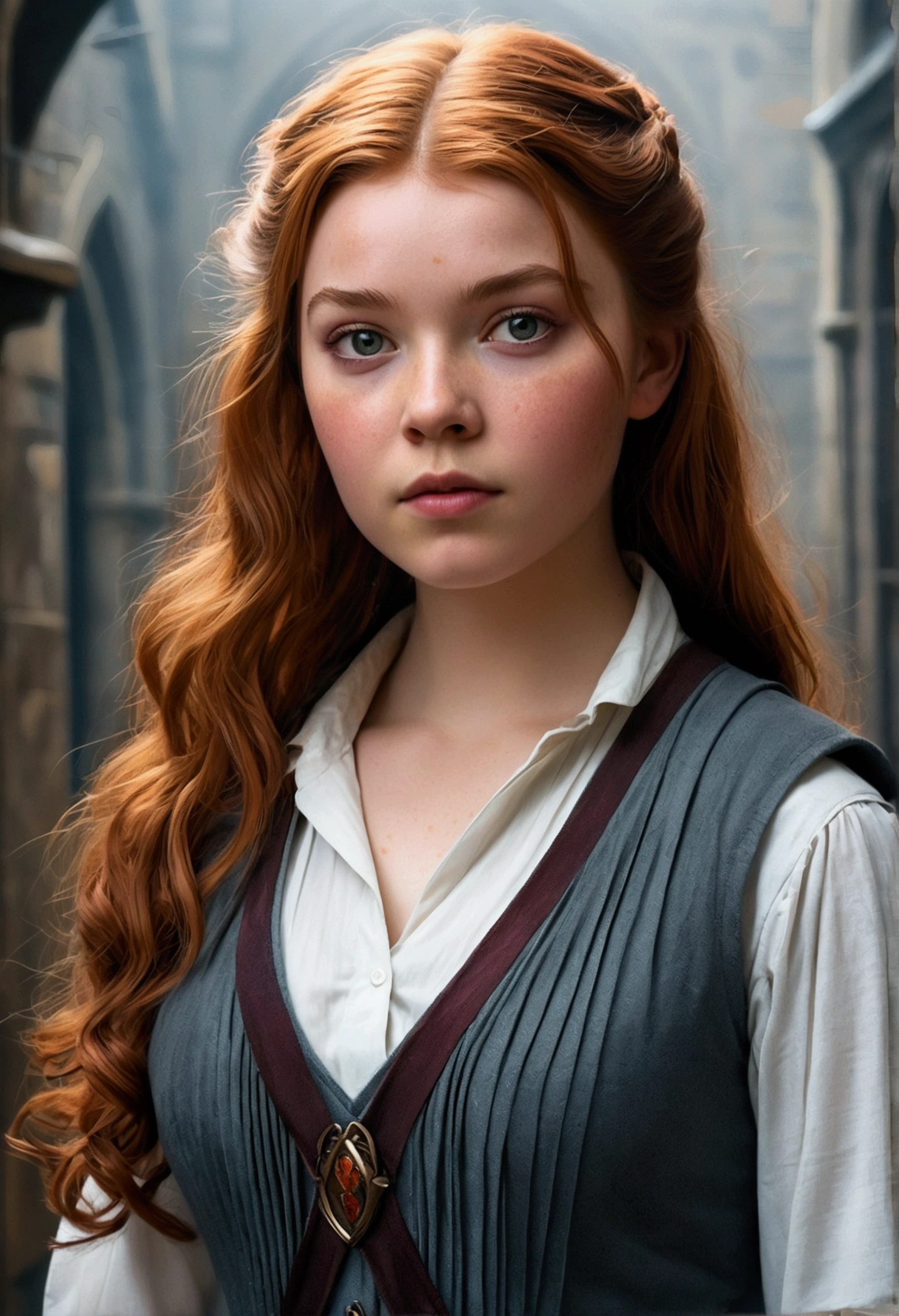 An illustrated movie poster, hand-drawn, full color, a teenage Hogwarts student, 18-years-old, female, wearing a charcoal vest and a pleated skirt, athletic hourglass figure, busty bosoms, full wide hips, massive round butt, long shapely legs, ridiculously thick powerful thighs, vibrant eyes, red auburn hair, thick shaggy bangs, flushed sun-kissed complexion, freckles, resembles Margaery Tyrell, standing in a foggy Hogwarts courtyard, surrounded by mist, graphite shading, stencil marks, airbrushed acrylic paint, masterpiece, close-up shot, in the style of the Deathly Hallows
