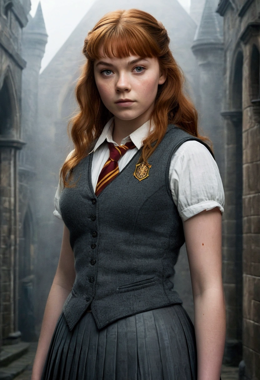 An illustrated movie poster, hand-drawn, full color, a age Hogwarts student, 18-years-old, female, wearing a charcoal vest and a pleated skirt, athletic hourglass figure, busty bosoms, full wide hips, massive round butt, long shapely legs, ridiculously thick powerful thighs, vibrant eyes, red auburn hair, thick shaggy bangs, flushed sun-kissed complexion, freckles, resembles Margaery Tyrell, standing in a foggy Hogwarts courtyard, surrounded by mist, graphite shading, stencil marks, airbrushed acrylic paint, masterpiece, close-up shot, in the style of the Deathly Hallows