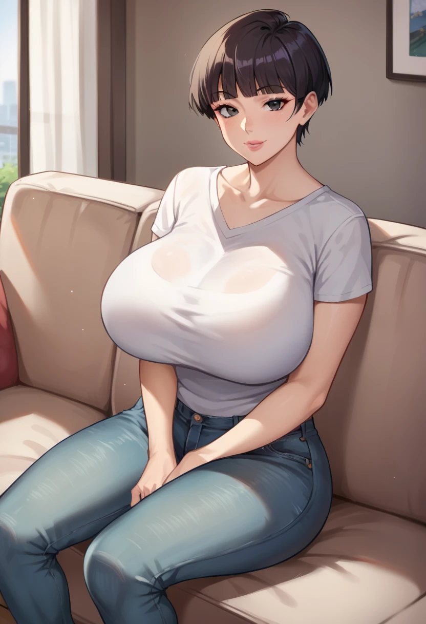 1girl, mature female, older, huge breasts, milf, motherly, wide hips, curvy, tomboy, straight hair, short hair, blunt bangs, black hair, black eyes, white t-shirt, jeans, collarbone, lips, score_9, score_8_up, score_7_up, score_6_up, source_anime, Accurate describe shapes, beautiful face, expressive eyes, looking at viewer, solo, close-up, sitting, sofa, indoors, scenery, dramatic lighting, seductive smile