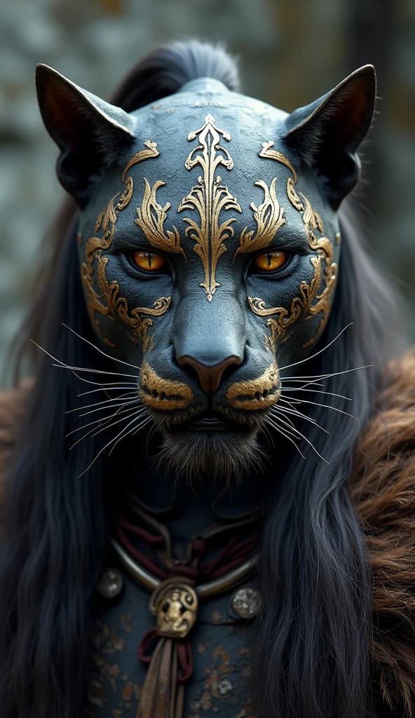 viking panther mask, with long hair and a ponytail , with gold details