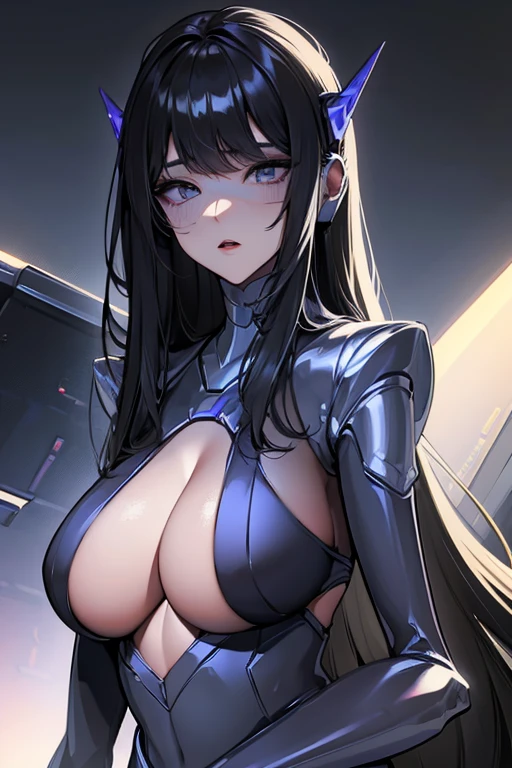empty eyes,robotization,woman ,big bust,Robot Joint ,Metal skin,Black Suit,long hair,a black suit that covers the whole body