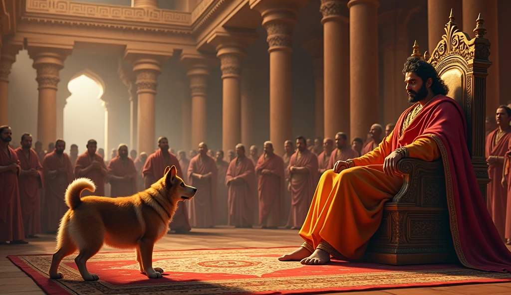 "A humble dog enters the large royal court of Ayodhya. The court is filled with ministers and citizens, but all eyes turn towards the dog as it walks towards the throne. Lord Ram sits at the center, looking kindly at the dog with a concerned expression. The dog's posture shows that it has come to seek justice. The background has grand pillars and royal decorations, enhancing the dignity of the court." No beard
