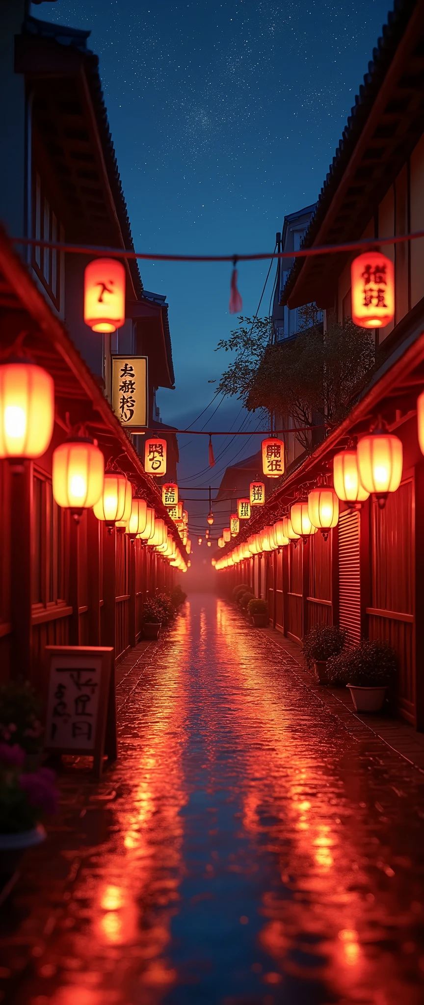 (masterpiece:1.2,Exceptional Quality,mirror-like,Cinematic Experience),8k,wallpaper,Japan,,A straight alley,Countless lanterns,(Diffuse reflection of light:2.0),Beautiful starry sky,The warm light of the lantern