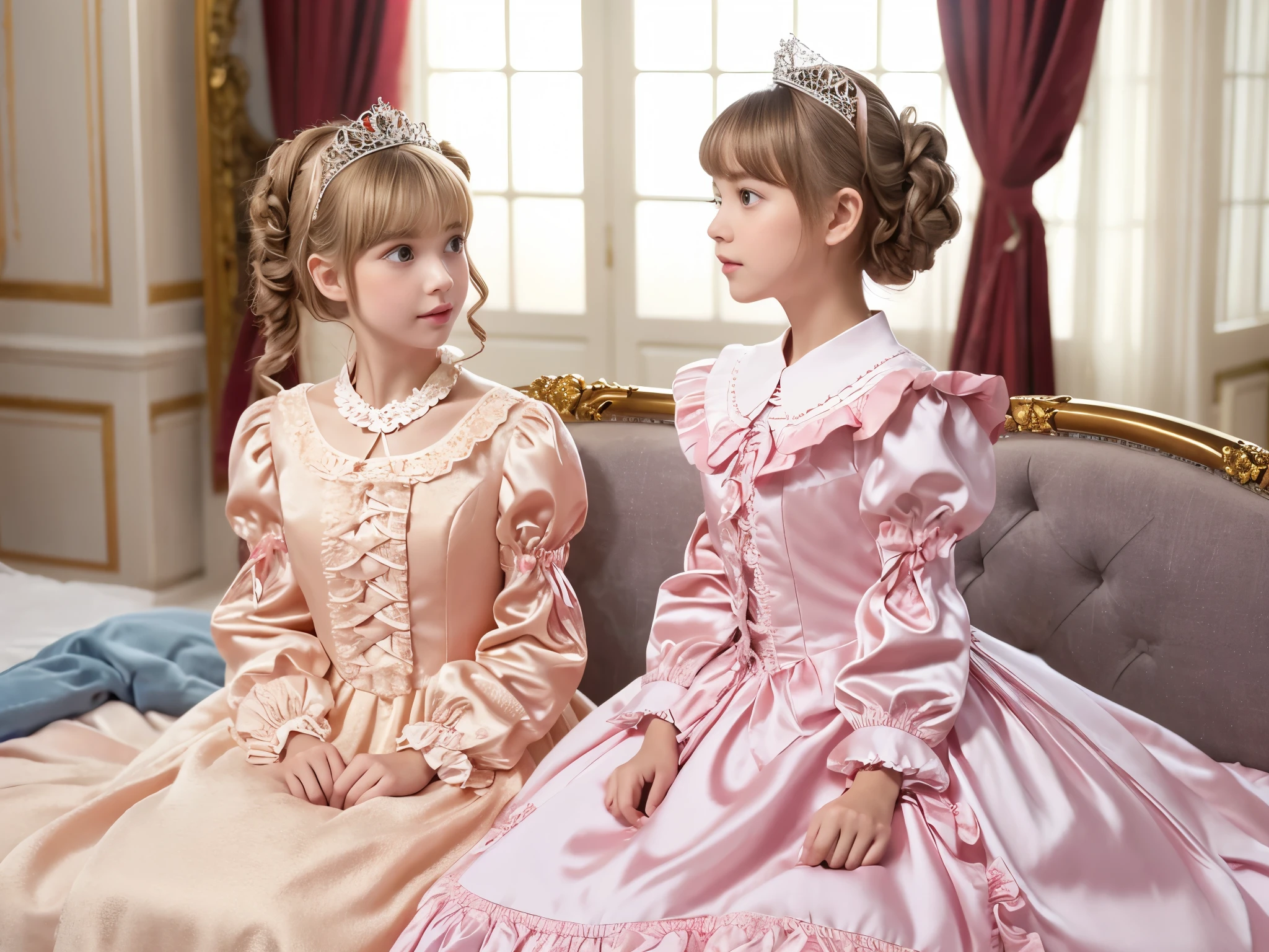 ,highest quality, masterpiece, highest resolution, artwork, super それにget used to it, many get used to it, get used to it, それにget used to it, 3K realistic photos,,((10 year old little girls)),Super detailed baby face,they are both princesses,Full length ball gown dress with hoop skirt,ruffle yoke collar,puff sleeves,long sleeve,((Lolita style pastel colors detailed princess satin dress、Comes with lots of frills and ribbons。)),Colorful fashion in rococo style,shiny satin dress,Soft and smooth fabric,luxury,long blonde hair,blue eyes,white skin european,pajamas,((inside the palace bedroom)),Canopy bed,Princess Bed,Sitting on the bed,detailed bed,