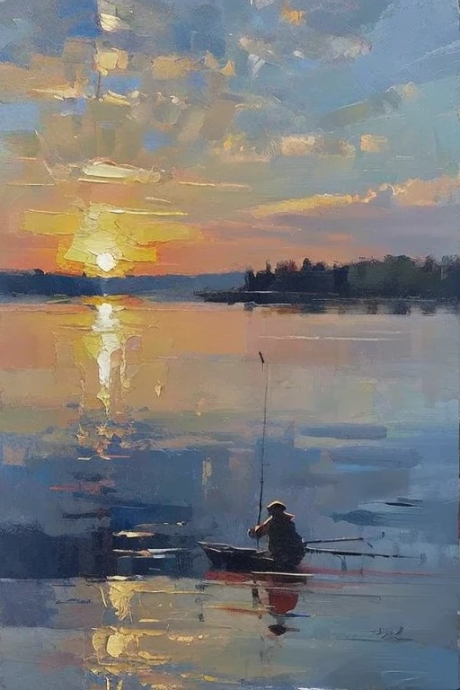 oil painting, Man fishing on the lake, Morning sky, Reflection of the lake surface, Holding a fishing rod