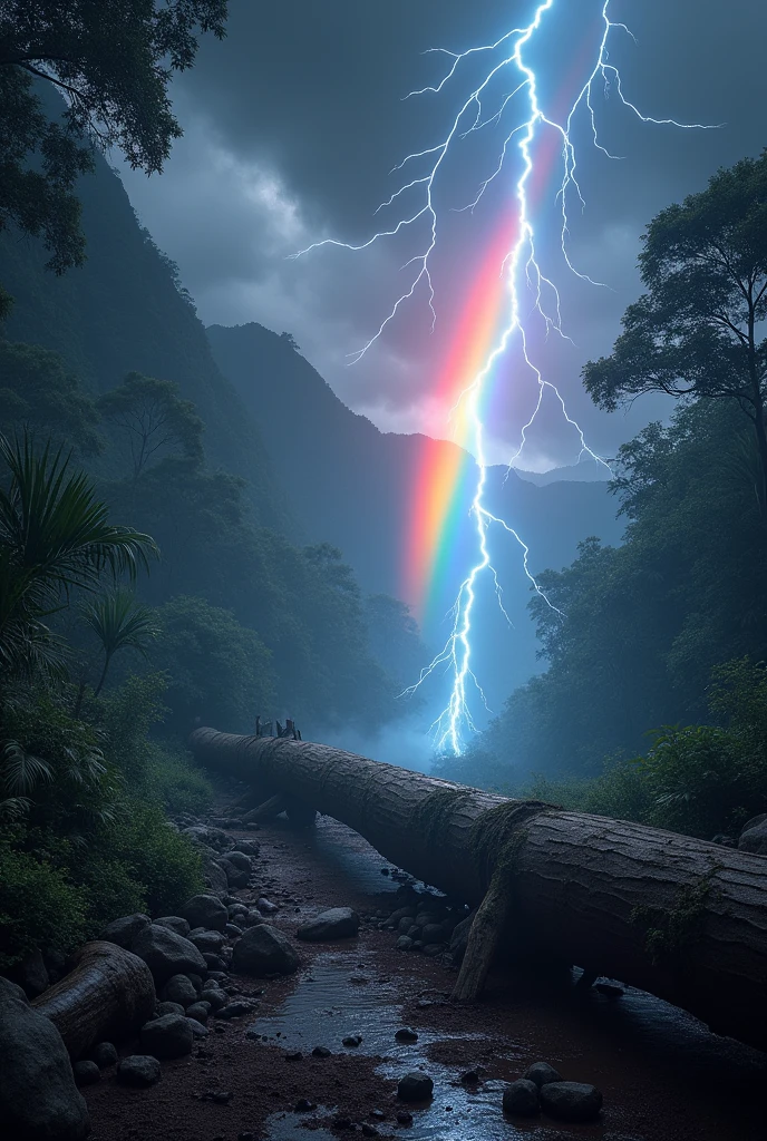 tempest, heavy, dark clouds, electrified log fallen on the trail, enchanted jungle, magical fantasy, sun over the rainbow ilumina a imagem