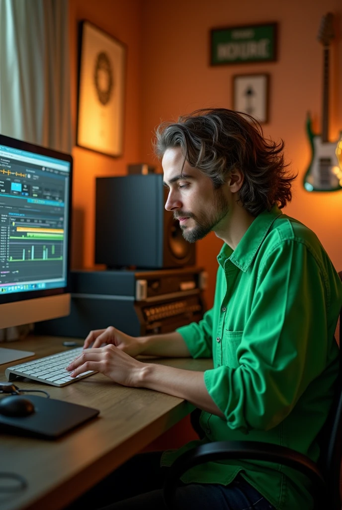 A peace band musician in a green shirt editing on a computer