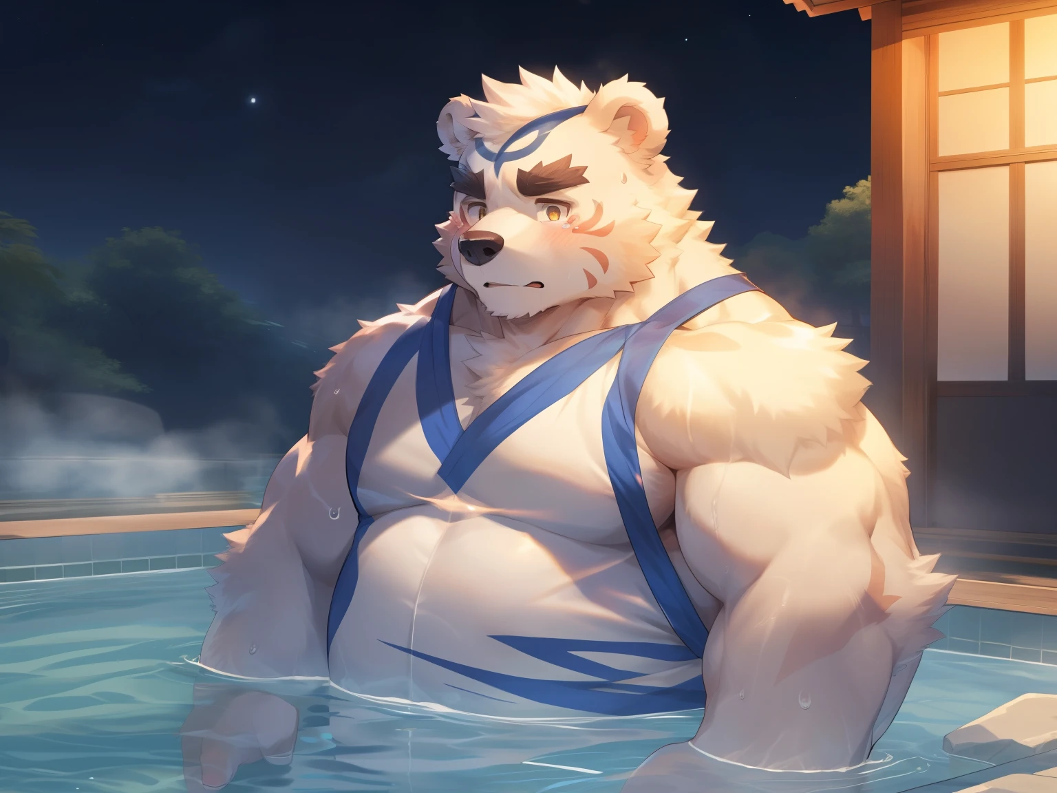 (Onmyoji Daisenji Temple), High quality photos, Perfect anatomical structure, Anthropomorphic white bear, male, 20 years old, (bear print), Thick eyebrows, short hair, Strong body, Pectoralis major, Tight white vest, White shorts, Small bump, Pink milk clusters, 浸泡在Natural hot springs中, Partially submerged, Open your thighs, Leaning against the pool, Sad expression, Tears, blush, Golden pupils, Look up at the audience, Clear facial features, Strong, solitary, top view, Full body portrait, night, Foggy atmosphere, Sweating in the legs, In the valley, Natural hot springs, White pebbles can be seen everywhere, wild plants, (By Empty Ghost, From bear20, masterpiece, high quality, high resolution, 8k)