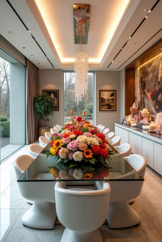 A large dining room with a modern futuristic classic style. With a glass table and in the center a vase of large and beautiful tulip flowers, peonias, rose, gerberas, sunflowers, with white chairs. On the ceiling a modern chandelier. On the left there is a window with a view of the garden and on the right there are paintings and below there is a modern display case with large decorations of quartz and colorful crystals and precious stones.
