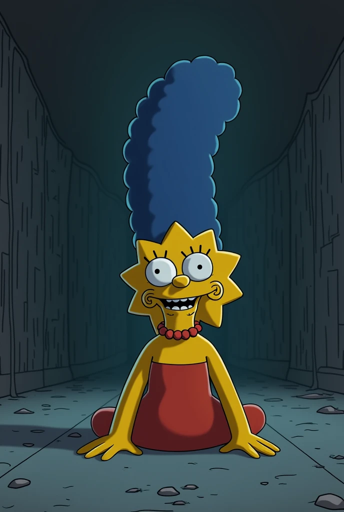 "Draw a scene in 'The Simpsons' style that represents the culmination of a fatal act. It shows a character in a situation that indicates a definitive outcome., like an empty and sad environment, with the character in a posture that suggests that he has reached his end. Use dark and muted colors to reflect the gravity and solemnity of the moment., with a sombre background that accentuates the final character of the scene."