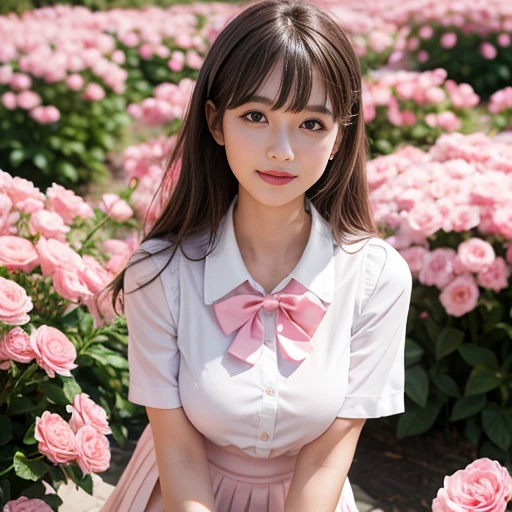 Pink short pleated skirt, in the flower field,Wearing a white sailor suit,white shirt,(knee shot),pink bow tie,Pink navy collar,1 female, On the face, laughing out loud, light brown hair, blunt bangs, hair behind ears, Shoulder-length hair, long hair, Slender body type, 超face slimming型, face slimming, delicate lips, beautiful eyes, Thin blush, Eyes are light brown,View here, (actual:1.3), One person's perspective, 8k, Super detailed, high quality, best quality, High resolution, ,Large Breasts,wear a H cup, 2