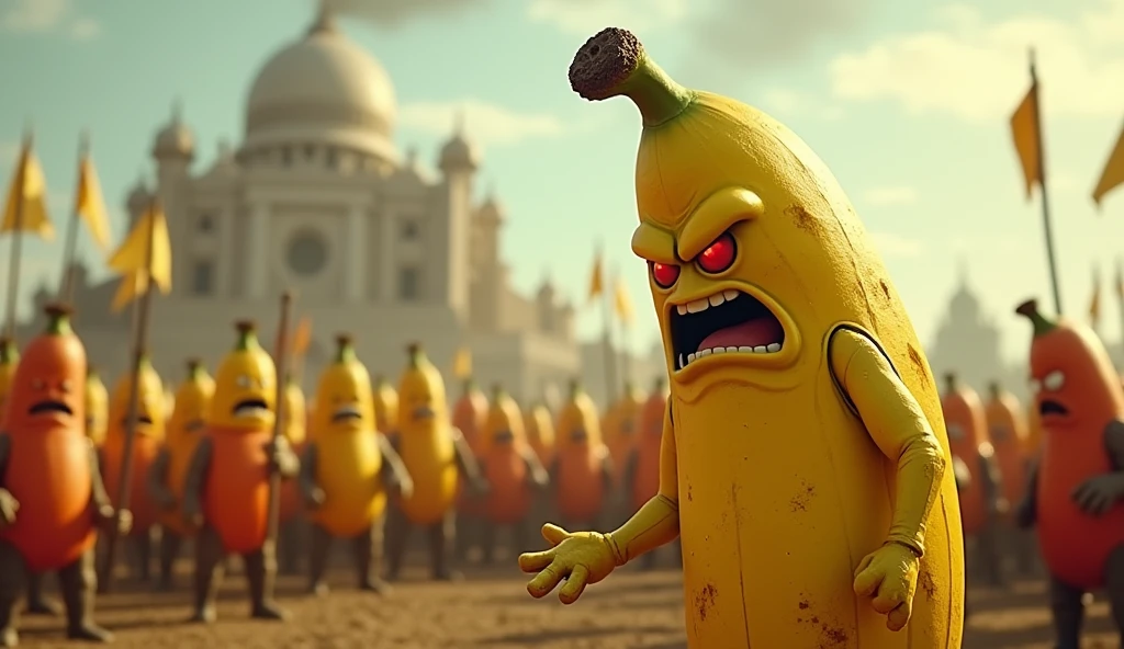 Banana the leader of Fruits army giving speech to its army for war in angry mood 