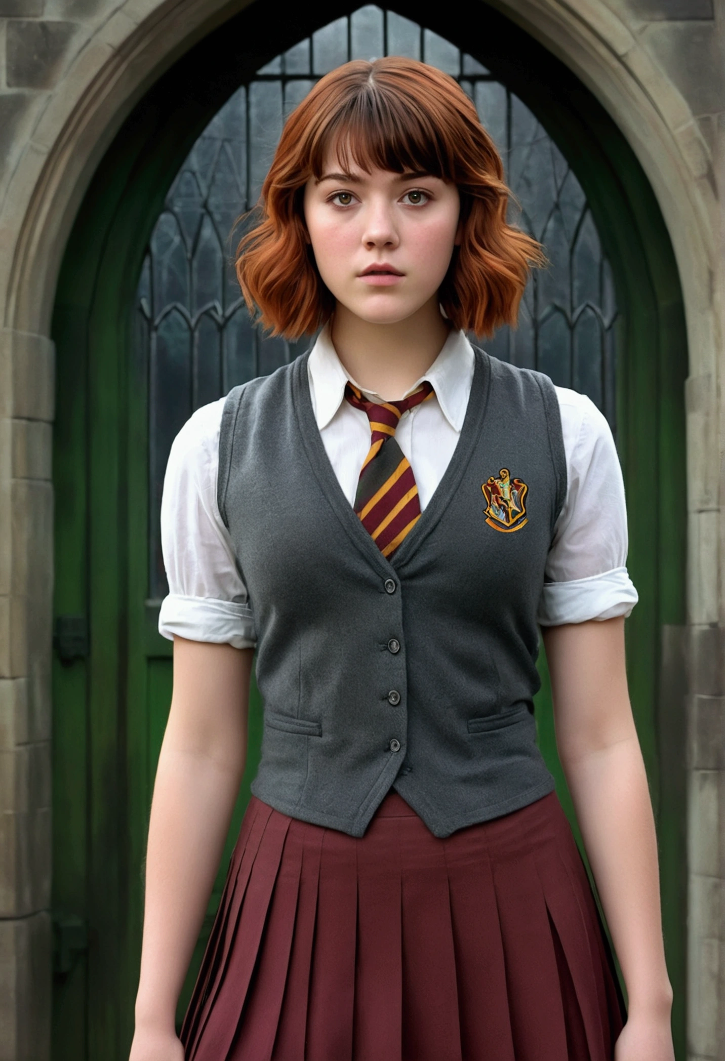 An illustrated movie poster, hand-drawn, full color, a teenage Hogwarts student, 18-years-old, female, wearing a charcoal vest and a pleated skirt, athletic hourglass figure, busty bosoms, full wide hips, massive round butt, long shapely legs, ridiculously thick powerful thighs, vibrant green eyes, red auburn hair, thick shaggy bangs, flushed sun-kissed complexion, freckles, resembles Mary Elizabeth Winstead, standing in a foggy Hogwarts courtyard, surrounded by mist, graphite shading, stencil marks, airbrushed acrylic paint, masterpiece, close-up shot, in the style of the Deathly Hallows