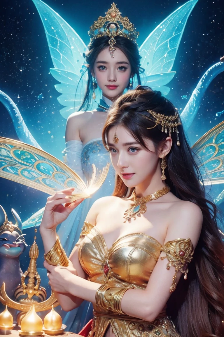 Imagine a realm where the grandeur of Hindu mythology merges with mesmerizing magic, It is inhabited by creatures with both fairy-like delicacy and anthropomorphic animal charm. This enchanting universe is、Reflects the ancient beauty of the Chinese landscape. A smile、2 1girl Elegant posture, serene expression, radiant & Glowy skin, Long and delicate limbs, Mesmerizing eyes, gentle smile, fine makeup, Enchanting background, strapless, Mystical creatures, Dynamic action, Supernatural forces, Dazzling Effects