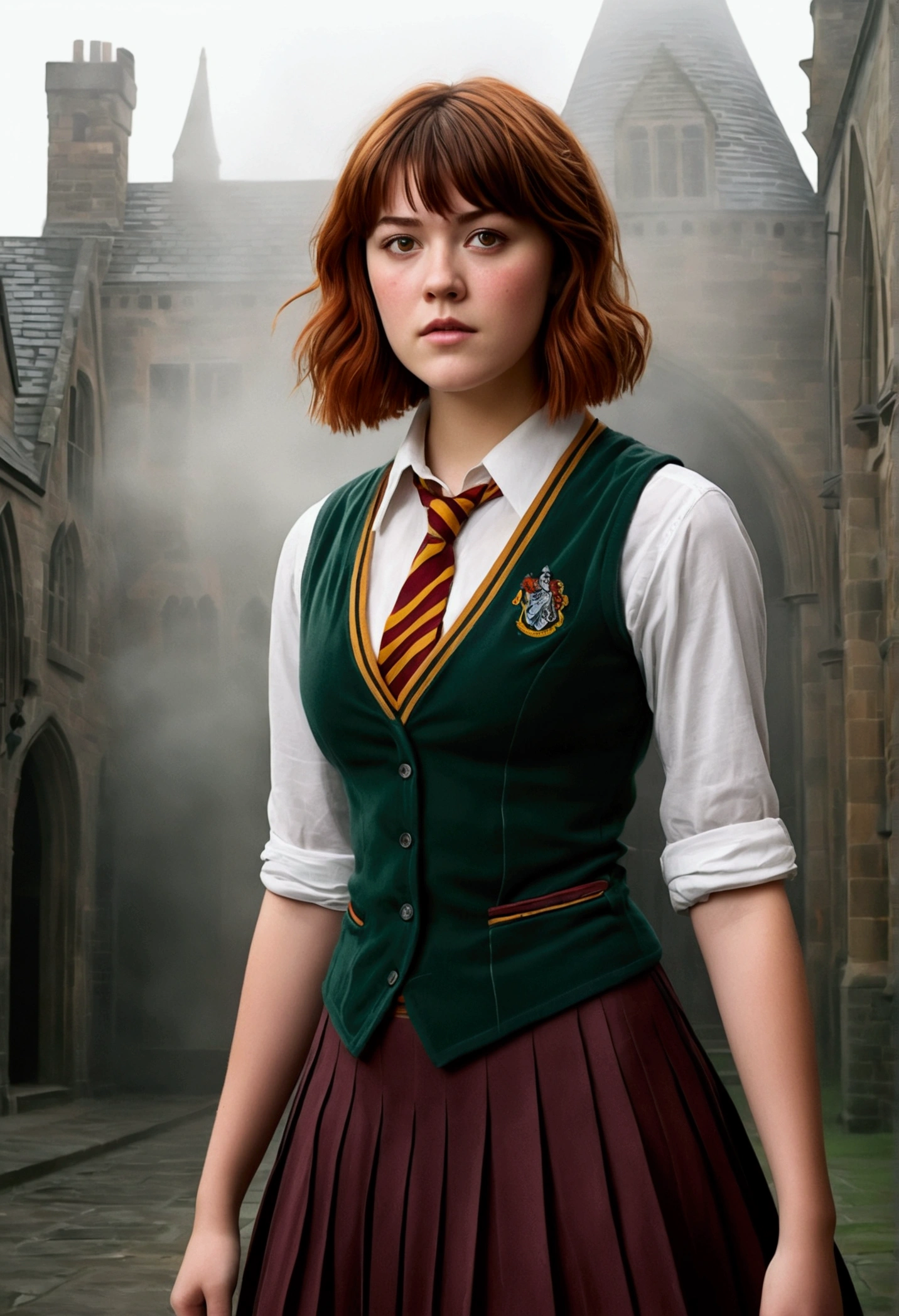 An illustrated movie poster, hand-drawn, full color, a teenage Hogwarts student, 18-years-old, female, wearing a charcoal vest and a pleated skirt, athletic hourglass figure, busty bosoms, full wide hips, massive round butt, long shapely legs, ridiculously thick powerful thighs, vibrant green eyes, red auburn hair, thick shaggy bangs, flushed sun-kissed complexion, freckles, resembles Mary Elizabeth Winstead, standing in a foggy Hogwarts courtyard, surrounded by mist, graphite shading, stencil marks, airbrushed acrylic paint, masterpiece, close-up shot, in the style of the Deathly Hallows