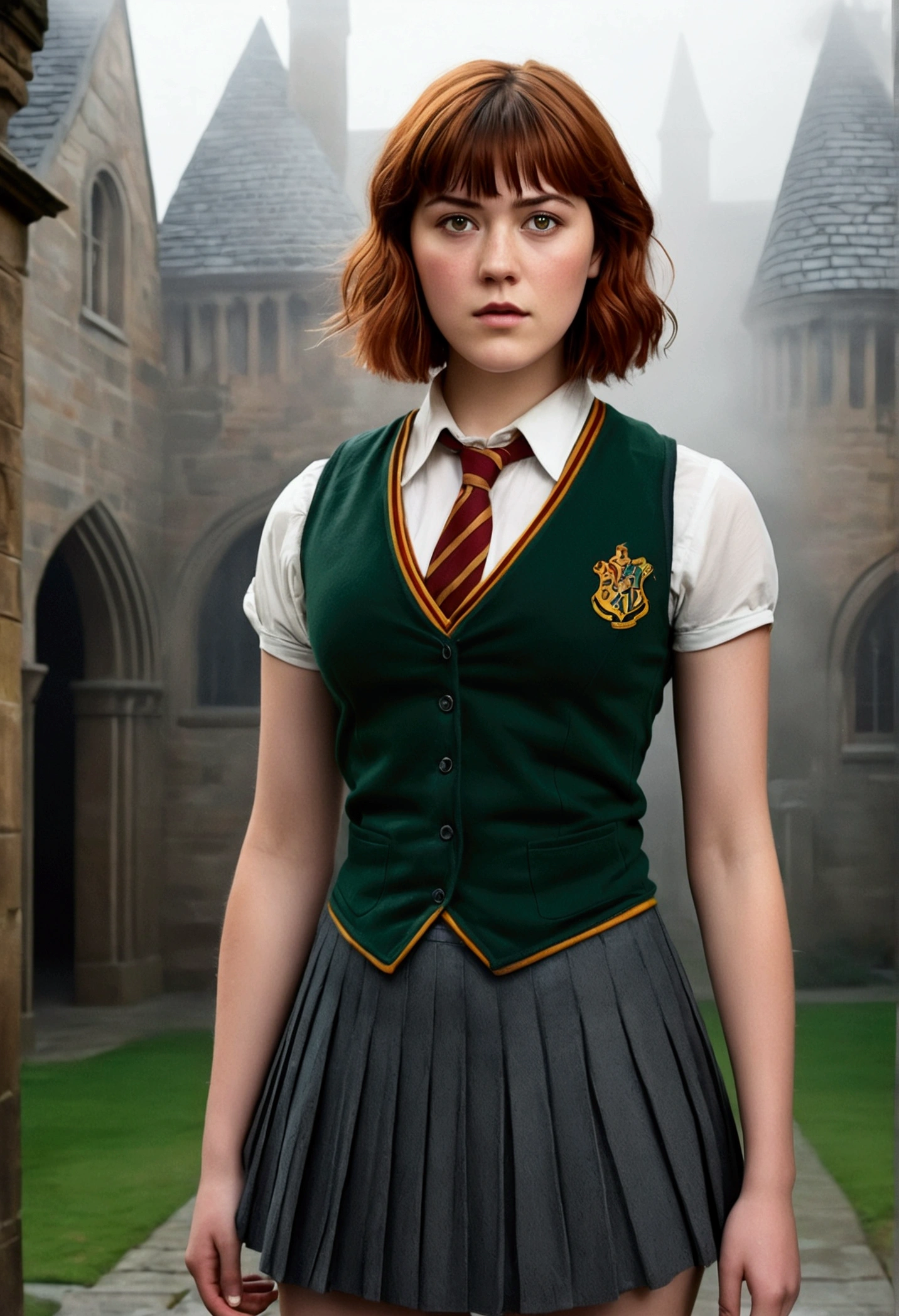 An illustrated movie poster, hand-drawn, full color, a teenage Hogwarts student, 18-years-old, female, wearing a charcoal vest and a pleated skirt, athletic hourglass figure, busty bosoms, full wide hips, massive round butt, long shapely legs, ridiculously thick powerful thighs, vibrant green eyes, red auburn hair, thick shaggy bangs, flushed sun-kissed complexion, freckles, resembles Mary Elizabeth Winstead, standing in a foggy Hogwarts courtyard, surrounded by mist, graphite shading, stencil marks, airbrushed acrylic paint, masterpiece, close-up shot, in the style of the Deathly Hallows