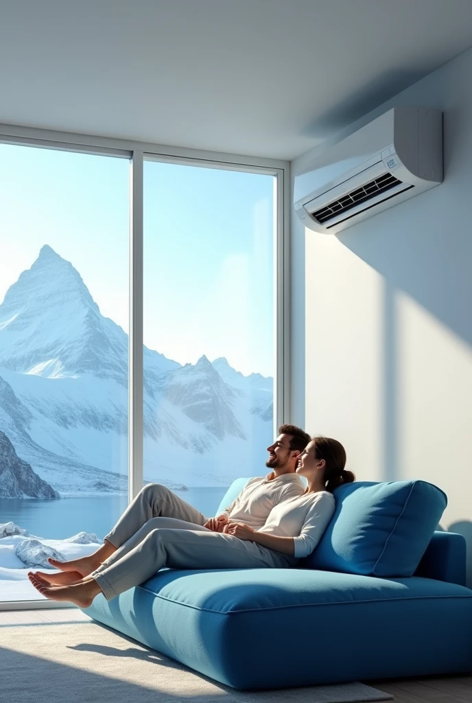 need a 9 by 9 photo where there is a white elegant living room where in the RIGHT side a plain white wall with an air conditioning with cool air, a blue couch on the floor with a young happy relaxing couple and from by the side glass windows there should be an ice mountain from the background which shows through the glass window which shows freshness and coolness
