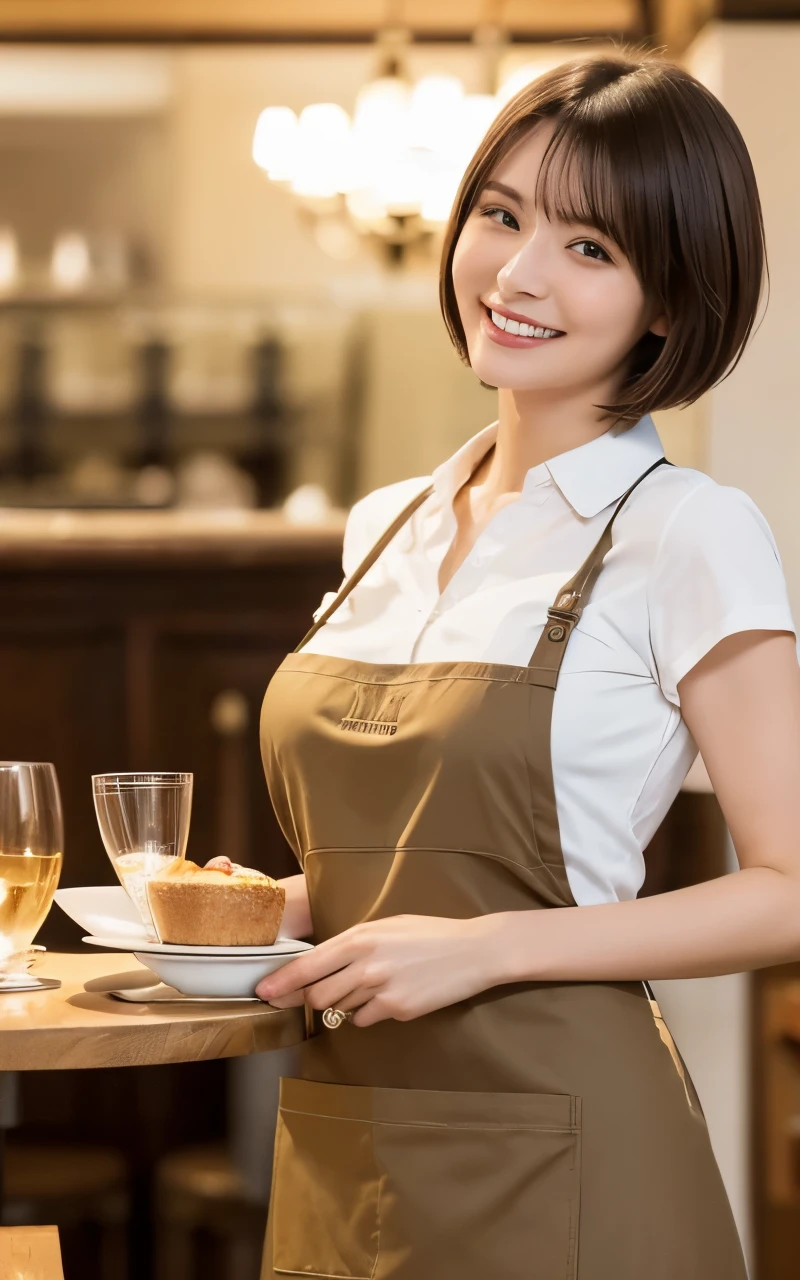 (Best quality, tabletop, 8k, highest quality, award-winning work), A woman working in a cafe, (Perfect brown apron: 1.1), (Perfect brown apron: 1.1), Full body photo, (Wide width, she is elegant Standing in a plain cafe: 1.3), (Classy shirt and apron: 1.1), (Big breasts: 1.1), (Highlighting body lines: 1.1), Portrait of a beautiful woman, The most elegant and cozy cafe, (Short hair) The most natural cafe, perfectly organized, the most atmospheric warm lighting, stylish and elegant cafe, strongly blurred background, look at me and smile, (Accurate anatomy: 1.2) , Ultra High Resolution Perfect Beautiful Teeth, Ultra High Resolution Beautiful Face, Ultra HD Hair, Ultra HD The Shining Eyes, The Shining, Ultra Luxury Beautiful Skin, Ultra Luxury Glossy Lips