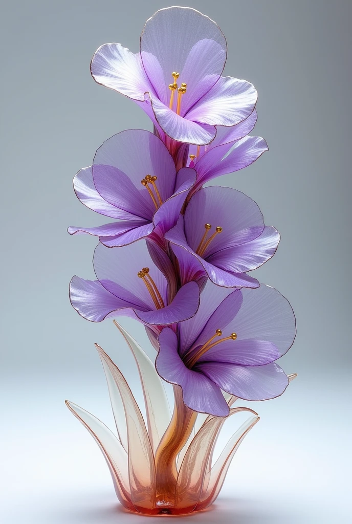 A flower made of glass, similar al gladiolo, It is a purple shade, and has golden veins like kintsugi art.
