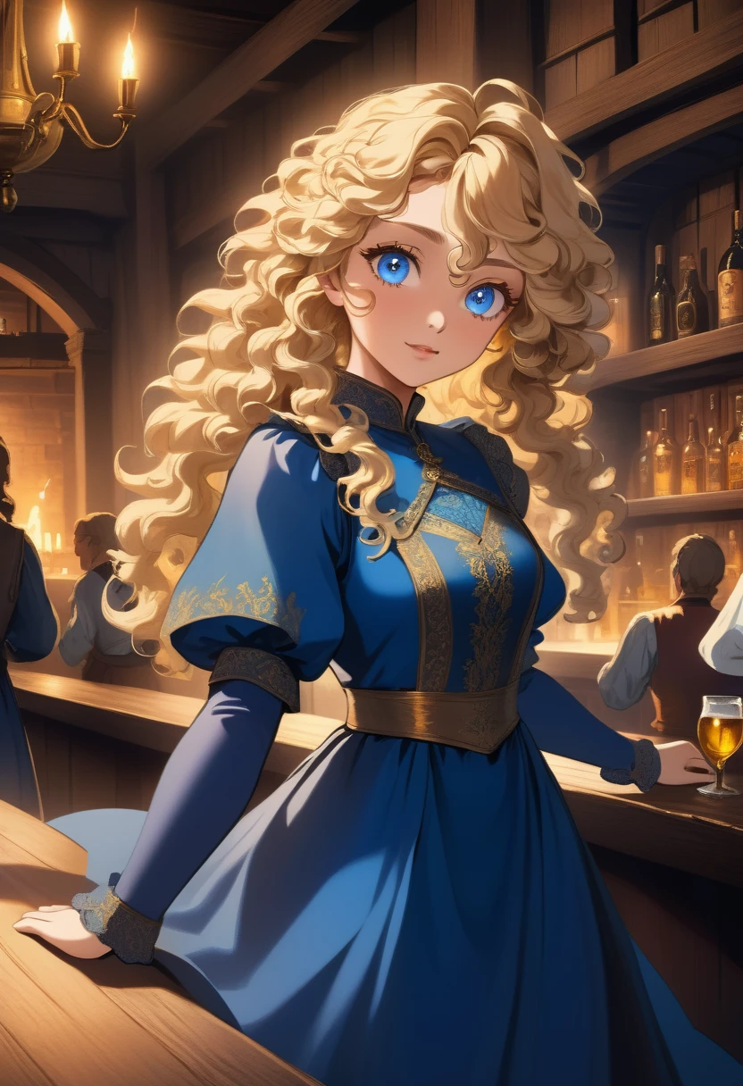 masterpiece, safe, best quality, expressive eyes, perfect face a young anime woman in renaissance, historical, fantasy wearing blue dress long curly blonde hair down her waist no bangs saphire eyes. she is in a night time tavern, excited to enjoy the music