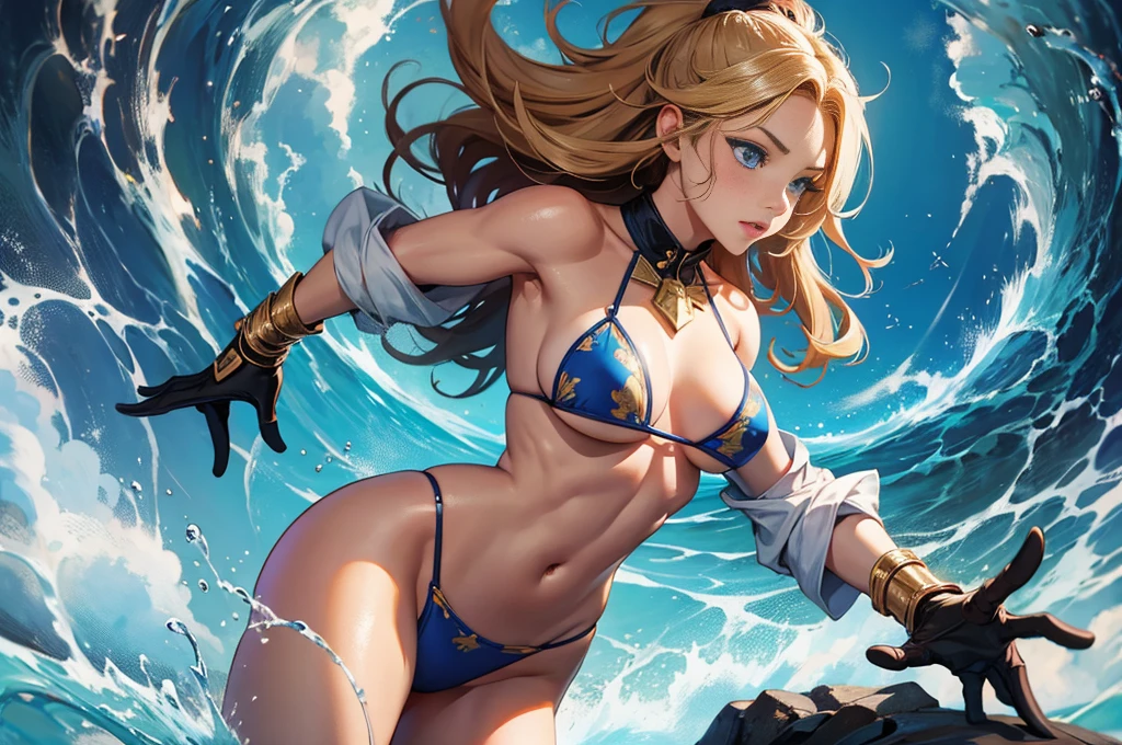 Full body portrait, (cave), (Perfect Anatomy), \(Amazoness, barbarian woman, Golden wavy hair, blue eyes, Perfect Eyes, 彼女の体型は非常にMuscularで豊満だ, Huge big breasts, Heavy chest, Abdominal musclesが割れている, Micro bikini with small cloth area, 大きなAbdominal muscles, Detailed skin texture, Super-detailed body: 1.1, Highly detailed skin: 1.2, Muscular, Muscular biceps, Abdominal muscles: 1.2, She's holding a big axe, Fighting goblins, Swinging an axe\), Artwork, 8k, CG , Cinematic, High resolution, masterpiece, Highest quality