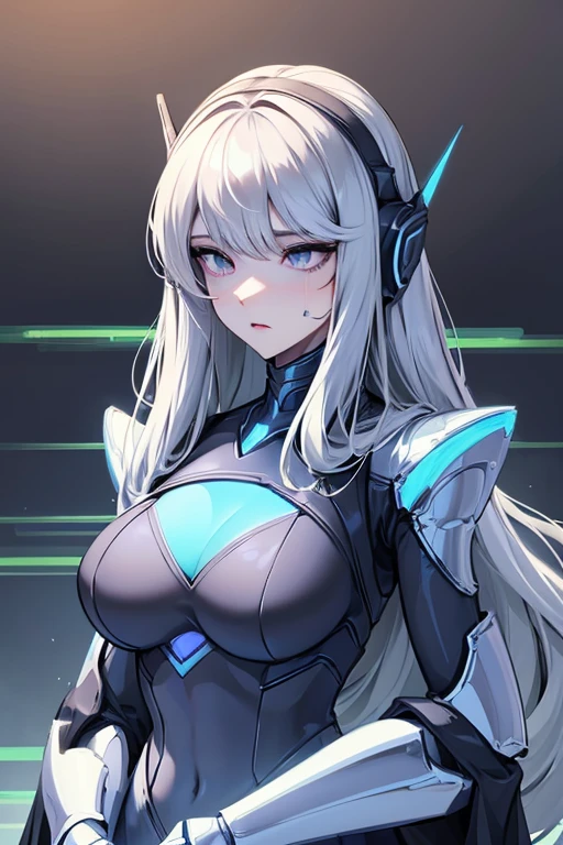 empty eyes,robotization,woman ,big bust,Robot Joint ,Metal skin,Black Suit,long hair,a black suit that covers the whole body