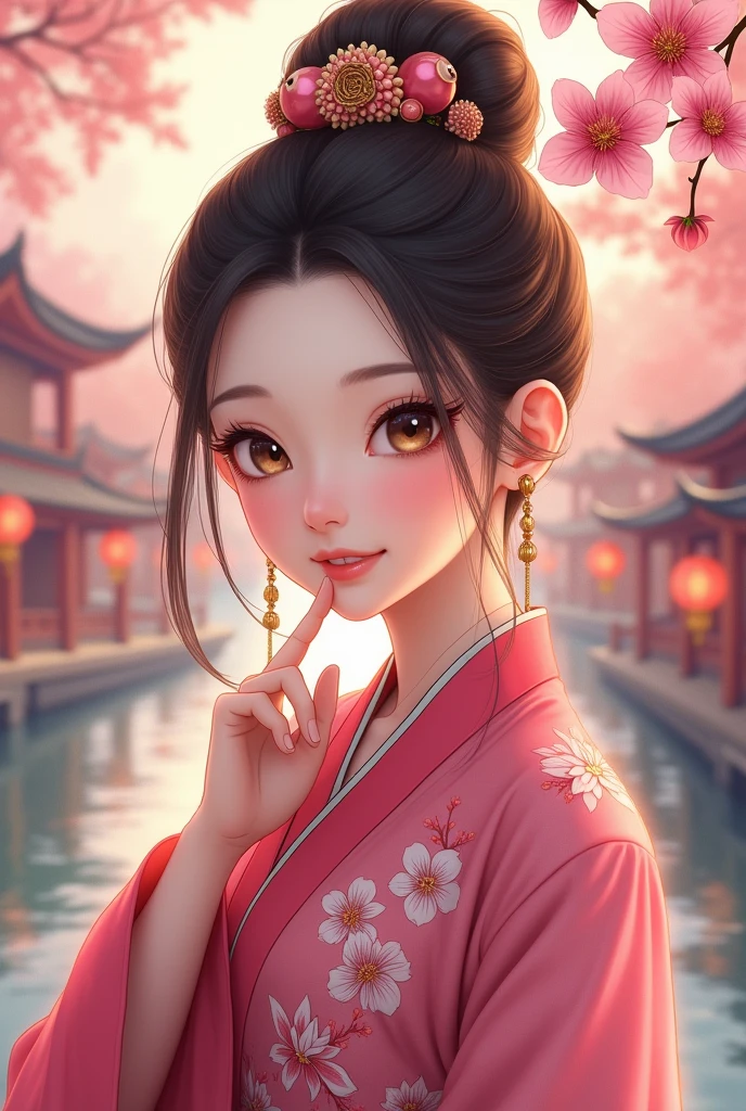 ( High resolution、 masterpiece、Highest quality、8k)、Tang Dynasty Buildings、Tang Dynasty China、Tang Dynasty China、(The face is round、Her eyes are long and cute、The most beautiful woman)、Chinese traditional clothing with a bright pink color and floral pattern、(whole body)、Brown and black round bun hairstyle、Smiling Eyes、Holding、Cute gesture、Fingers on the chin、background、Tang Dynasty Buildings、Chang'an city in the Tang Dynasty、Plum blossom、river view、Riverside city lights、Lantern Light、A complete portrayal、Detailed anime art、Detailed CG、