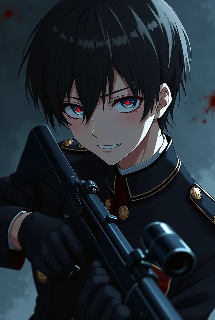 A 16 year old boy, dressed like a soldier but in a black uniform, with a soldier's weapon, with dark brown hair and dark blue eyes, look and smiling expression a little psychopathic, with blood stains on the face, with black gloves, anime style, He looks slightly annoyed but smiles with an air of superiority and his face is slightly shadowed., her pupils of eyes like red diamonds, Anime style the boy, that is in a dark