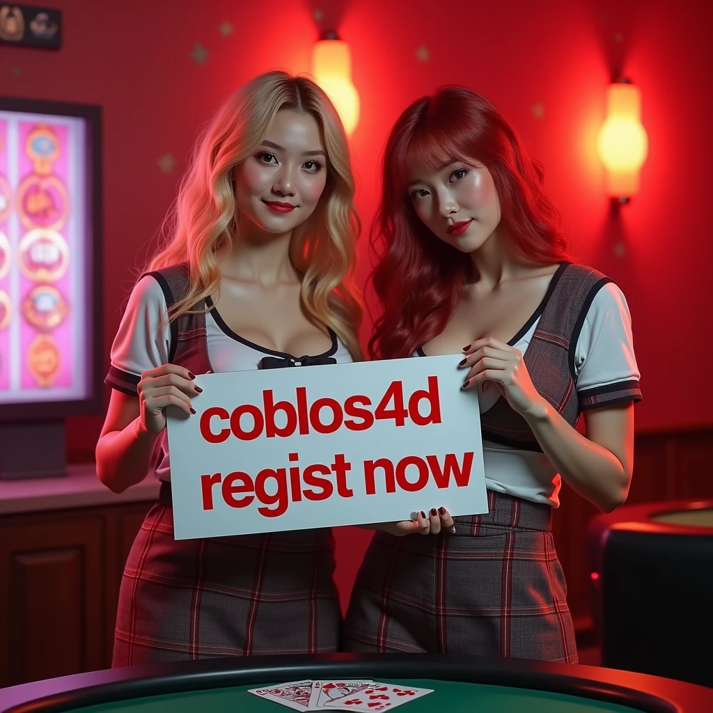 two beautiful women wearing high school uniform indonesian holding up a sign "coblos4d regist now", text fit with sign, teasing smile, happy, photorealistic, red casino background, big breast, cleavage, standing behind poker table, asian girls,white skin, blonde, wave hair, red hair, CyberRealistic,