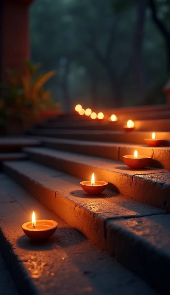 A group of Diya lamps placed on steps, softly lighting the surrounding area in the evening, with a dark background that emphasizes the glow of the flames