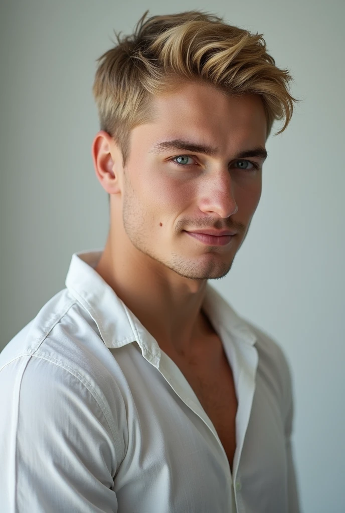 One guy , really handsome, Russian guy, blonde hair, blue eyes, very white skin, cute smile, whole body , young , cute face ,1