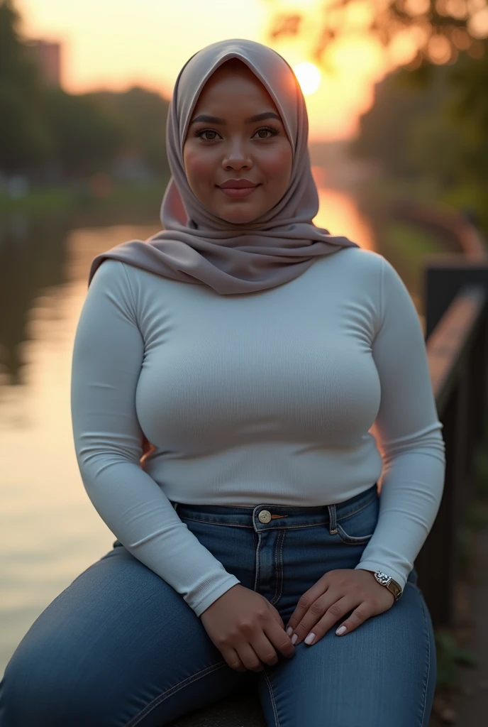 masterpiece, high quality photos, detailed photos, beautiful chubby Malay woman wearing a hijab, has super plump breasts, wearing a tight t-shirt, sexy leggings, big buttocks, posing smiling in the park, detailed body description, detailed facial description,