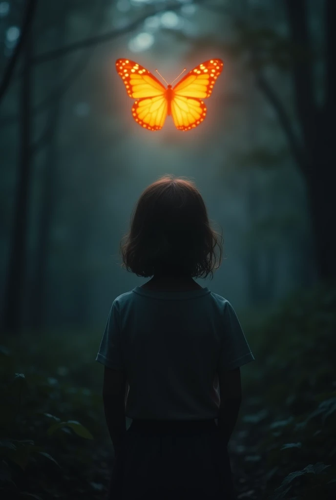 Hopeless 13 year old orphanage girl in the dark looking upfront  and a glowing fiery butterfly in the distance 