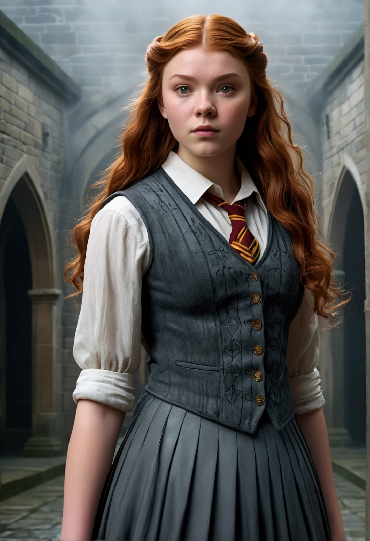 An illustrated movie poster, hand-drawn, full color, a teenage Hogwarts student, 18-years-old, female, wearing a charcoal vest and a pleated skirt, athletic hourglass figure, busty bosoms, full wide hips, massive round butt, long shapely legs, ridiculously thick powerful thighs, vibrant eyes, red auburn hair, thick shaggy bangs, flushed sun-kissed complexion, freckles, resembles Margaery Tyrell, standing in a foggy Hogwarts courtyard, surrounded by mist, graphite shading, stencil marks, airbrushed acrylic paint, masterpiece, close-up shot, in the style of the Deathly Hallows