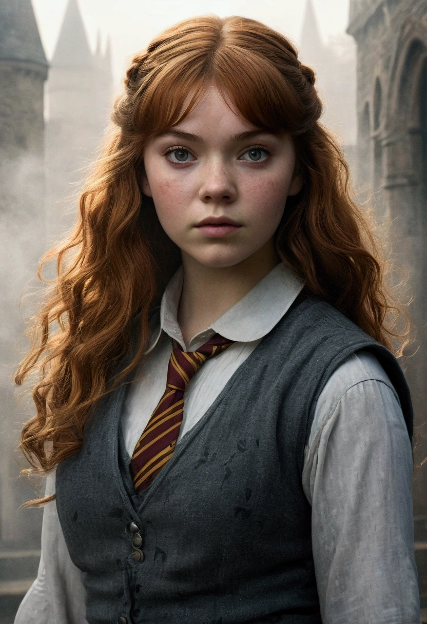 An illustrated movie poster, hand-drawn, full color, a age Hogwarts student, 18-years-old, female, wearing a charcoal vest and a pleated skirt, athletic hourglass figure, busty bosoms, full wide hips, massive round butt, long shapely legs, ridiculously thick powerful thighs, vibrant eyes, red auburn hair, thick shaggy bangs, flushed sun-kissed complexion, freckles, resembles Margaery Tyrell, standing in a foggy Hogwarts courtyard, surrounded by mist, graphite shading, stencil marks, airbrushed acrylic paint, masterpiece, close-up shot, in the style of the Deathly Hallows