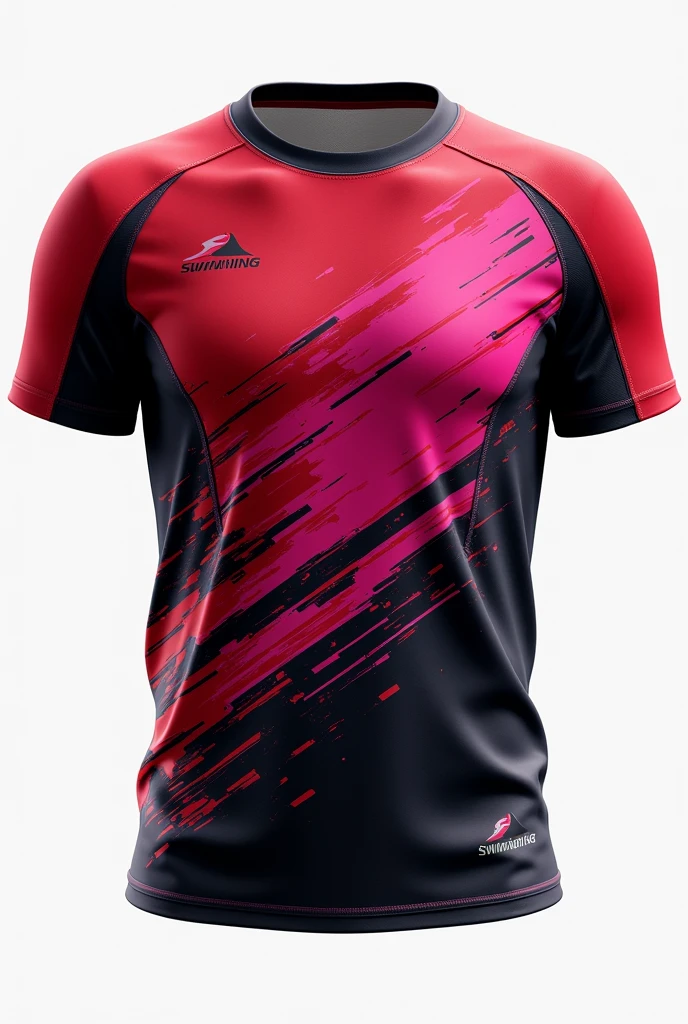 Shirt templates for the front and back with a design for a swimming team with a round neck and with the colors red, pink and black
