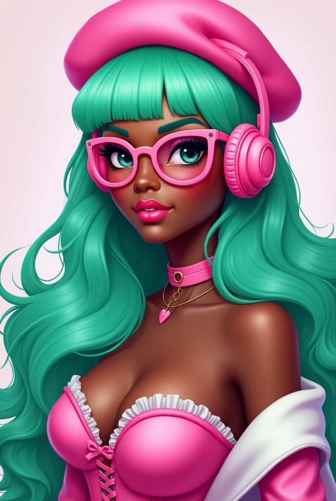 Black girl with long mint green hair and a pink beret on her head and strawberry headphones and pink glasses in her hair and pink and white sleeves and a pink corset