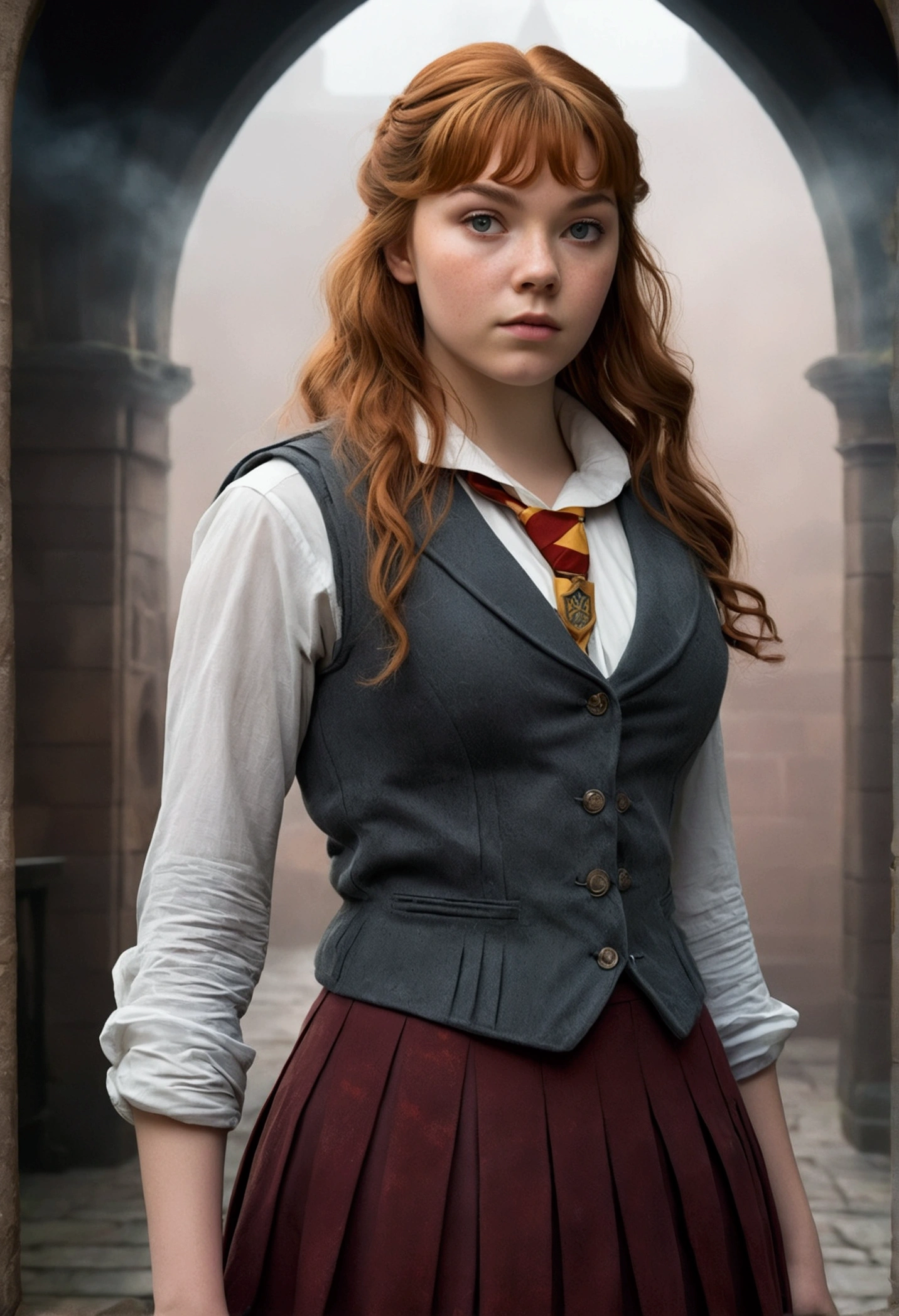 An illustrated movie poster, hand-drawn, full color, a teenage Hogwarts student, 18-years-old, female, wearing a charcoal vest and a pleated skirt, athletic hourglass figure, busty bosoms, full wide hips, massive round butt, long shapely legs, ridiculously thick powerful thighs, vibrant eyes, red auburn hair, thick shaggy bangs, flushed sun-kissed complexion, freckles, resembles Margaery Tyrell, standing in a foggy Hogwarts courtyard, surrounded by mist, graphite shading, stencil marks, airbrushed acrylic paint, masterpiece, close-up shot, in the style of the Deathly Hallows