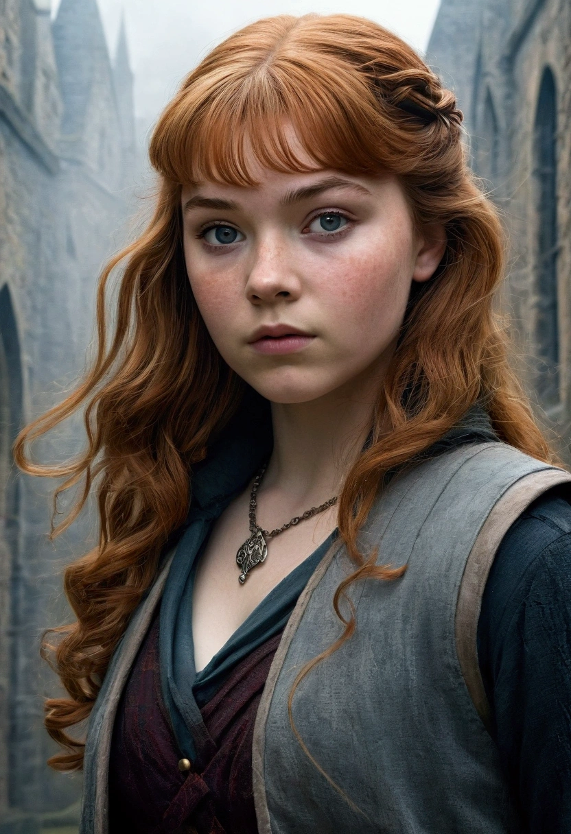 An illustrated movie poster, hand-drawn, full color, a age Hogwarts student, 18-years-old, female, wearing a charcoal vest and a pleated skirt, athletic hourglass figure, busty bosoms, full wide hips, massive round butt, long shapely legs, ridiculously thick powerful thighs, vibrant eyes, red auburn hair, thick shaggy bangs, flushed sun-kissed complexion, freckles, resembles Margaery Tyrell, standing in a foggy Hogwarts courtyard, surrounded by mist, graphite shading, stencil marks, airbrushed acrylic paint, masterpiece, close-up shot, in the style of the Deathly Hallows